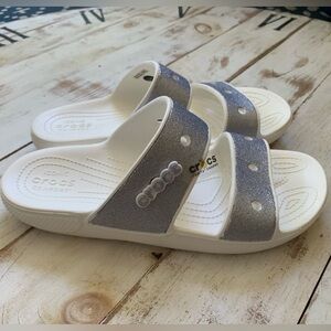 CROCS glitter sandals slides white silver NWOT women’s sz 11